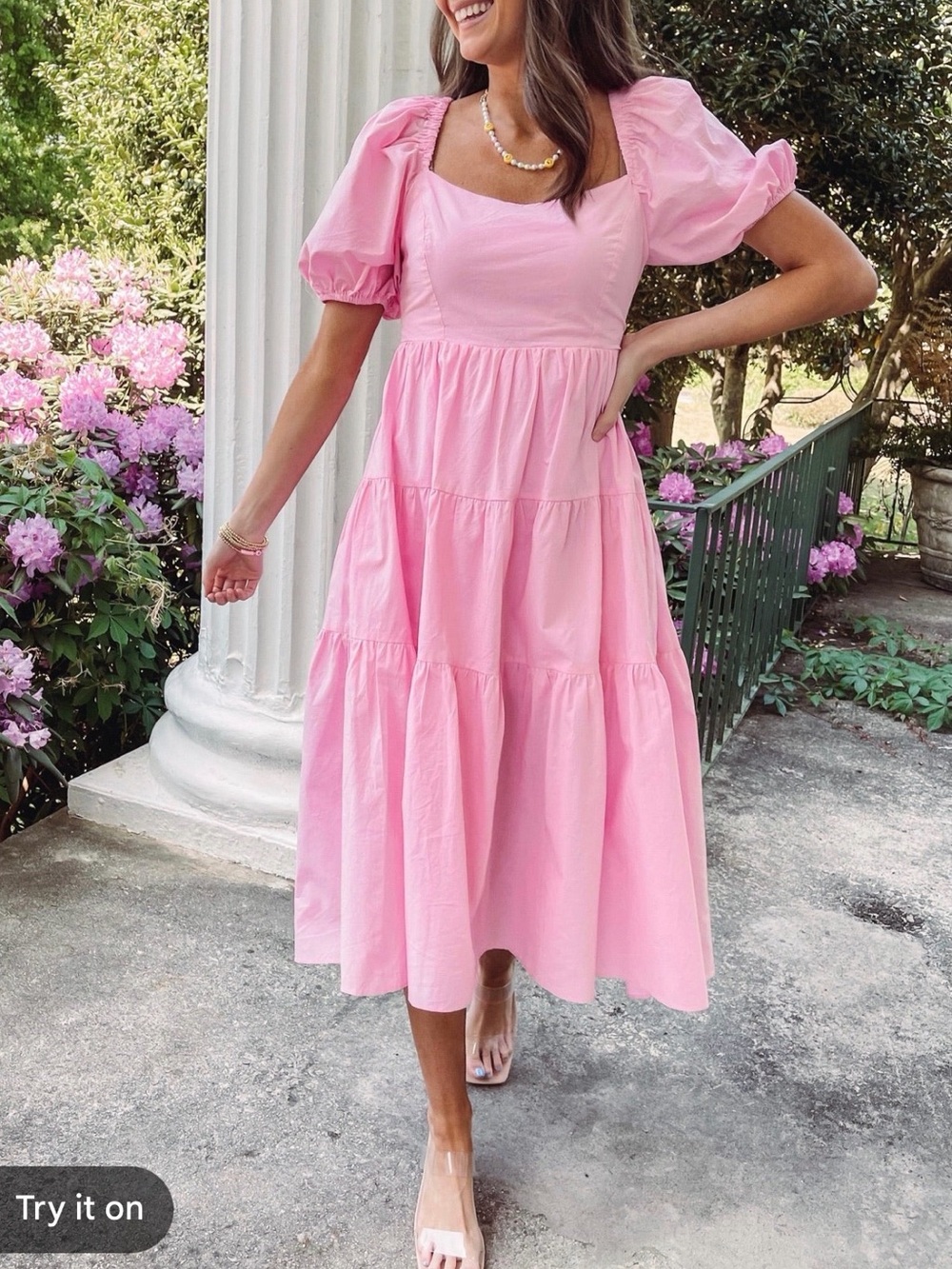 Pink Puff-Sleeve Tiered Midi Dress